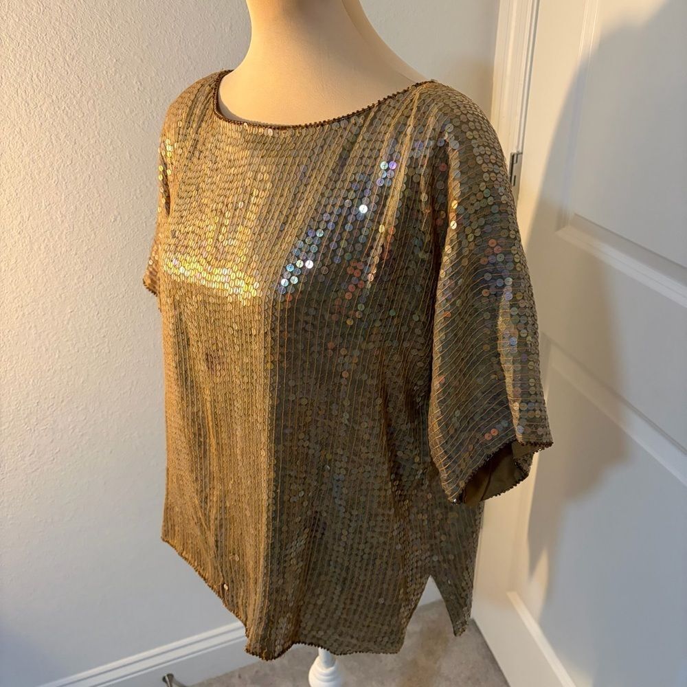 Gold Sequin Top Plus Size 2X Short Sleeve Party Holiday New Year Eve Blouse